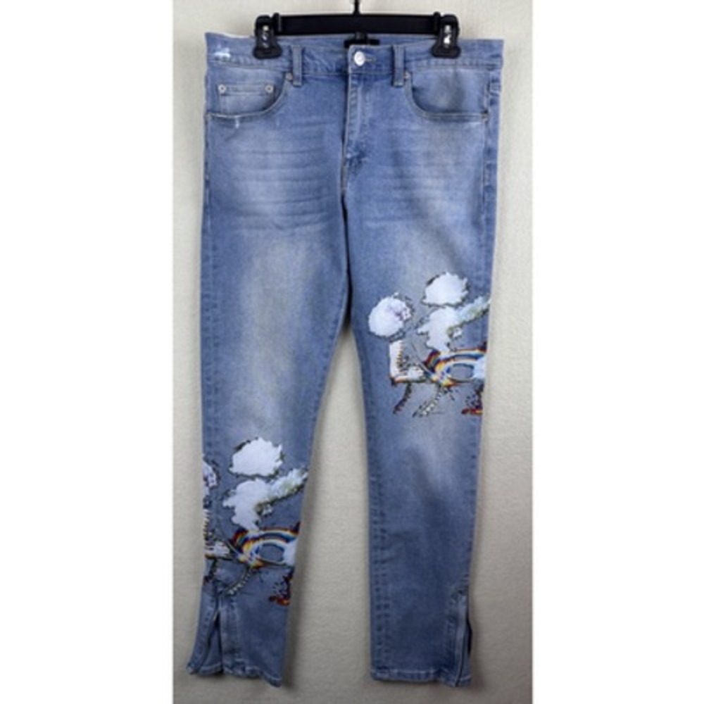 Forever 21 Mens Jeans Size 32 x 32 Blue Skinny Graphic Print "Love" Zippered Leg